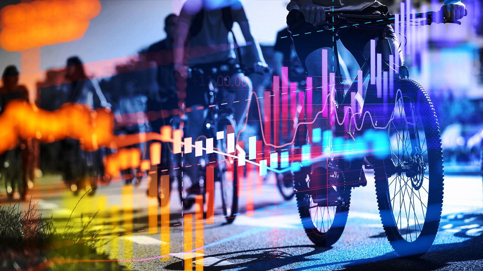 Abstract graphic with graphs, bikers and a rainbow overlay